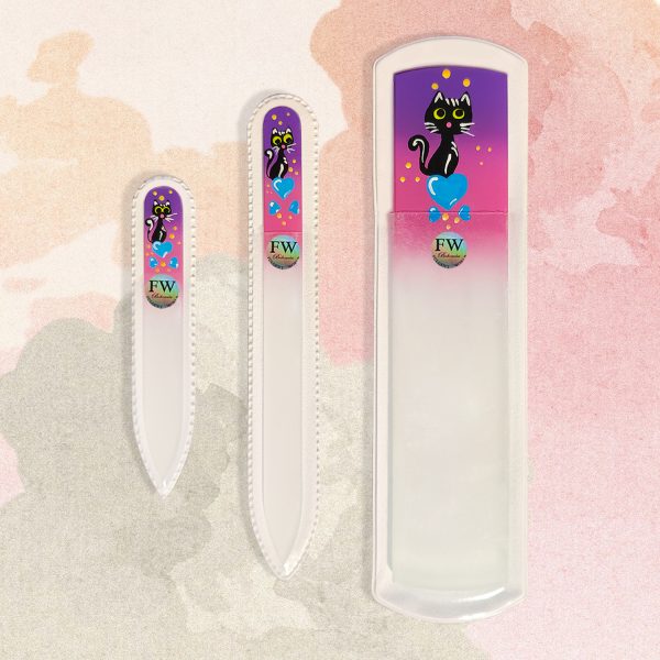 Premium Gift Set"Cat" Glass Nail Files & Glass Foot File in a Gift Box - 3pcs Manicure and Pedicure Set (purple/pink) - Image 3
