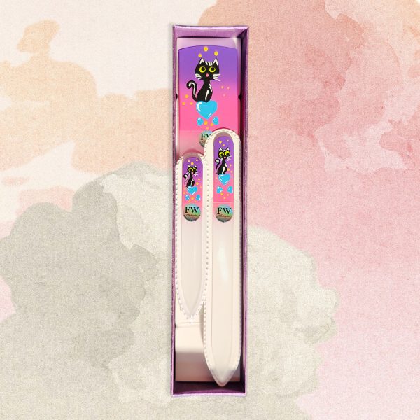 Premium Gift Set"Cat" Glass Nail Files & Glass Foot File in a Gift Box - 3pcs Manicure and Pedicure Set (purple/pink) - Image 4