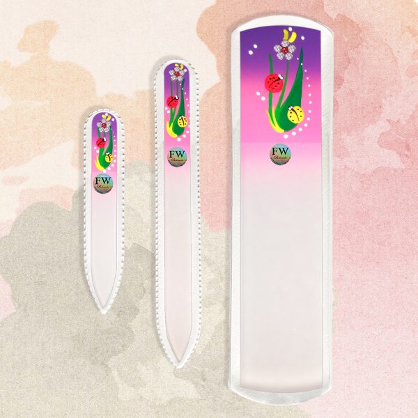 Premium Gift Set"LadyBug" Glass Nail Files & Glass Foot File in a Gift Box - 3pcs Manicure and Pedicure Set (purple/pink) - Image 3